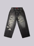 HOUZHOU Y2k Gothic Vintage Graphic Women Man Ripped Jeans Grunge Washed Wide Leg American Style Denim Trousers Baggy High Street
