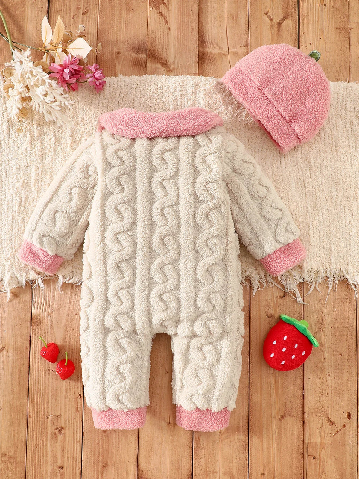 Baby Thick Double-Sided Fleece Doll Collar Romper Set Sweet 3D Strawberry Pocket Cable Knit Romper + Matching Warm Hat Soft and Warm for Winter Outings