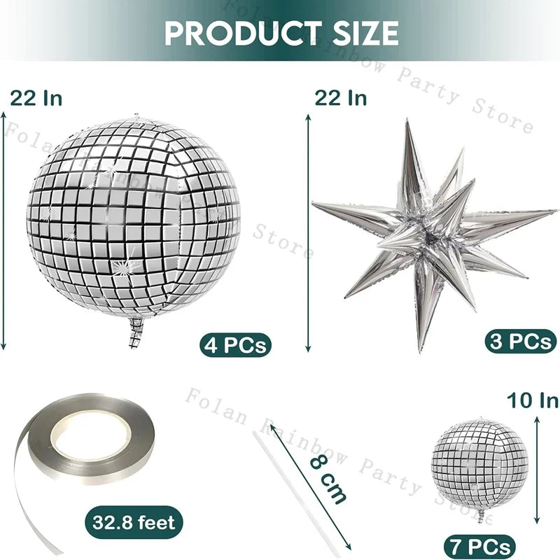 10/22inch 4D Silver Disco Ball Explosion Star Balloon Metallic Disco Balloon Set for Disco Party Wedding Birthday Party