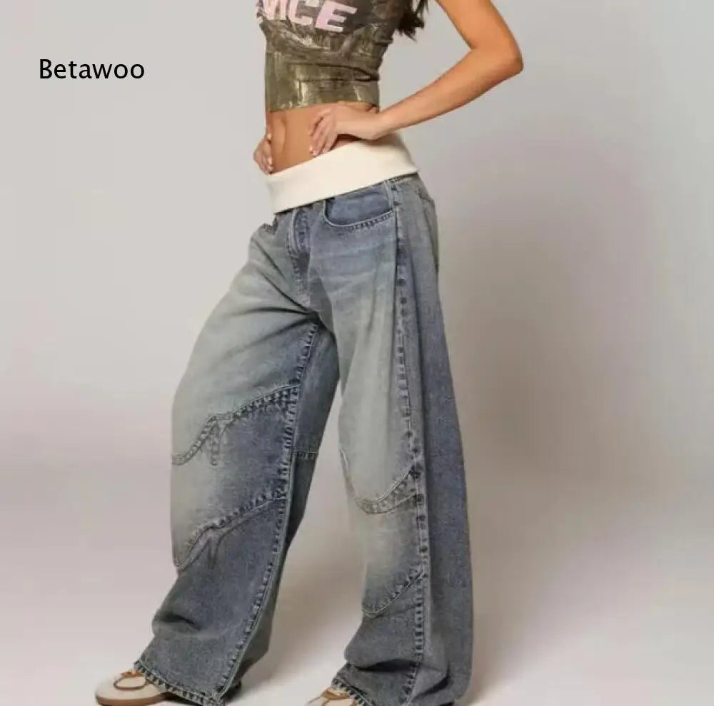 Women Vintage Two-Tone Patchwork Baggy Wide Leg Jeans Curved Contrast Stitch Loose Full Length Streetwear Denim Pants