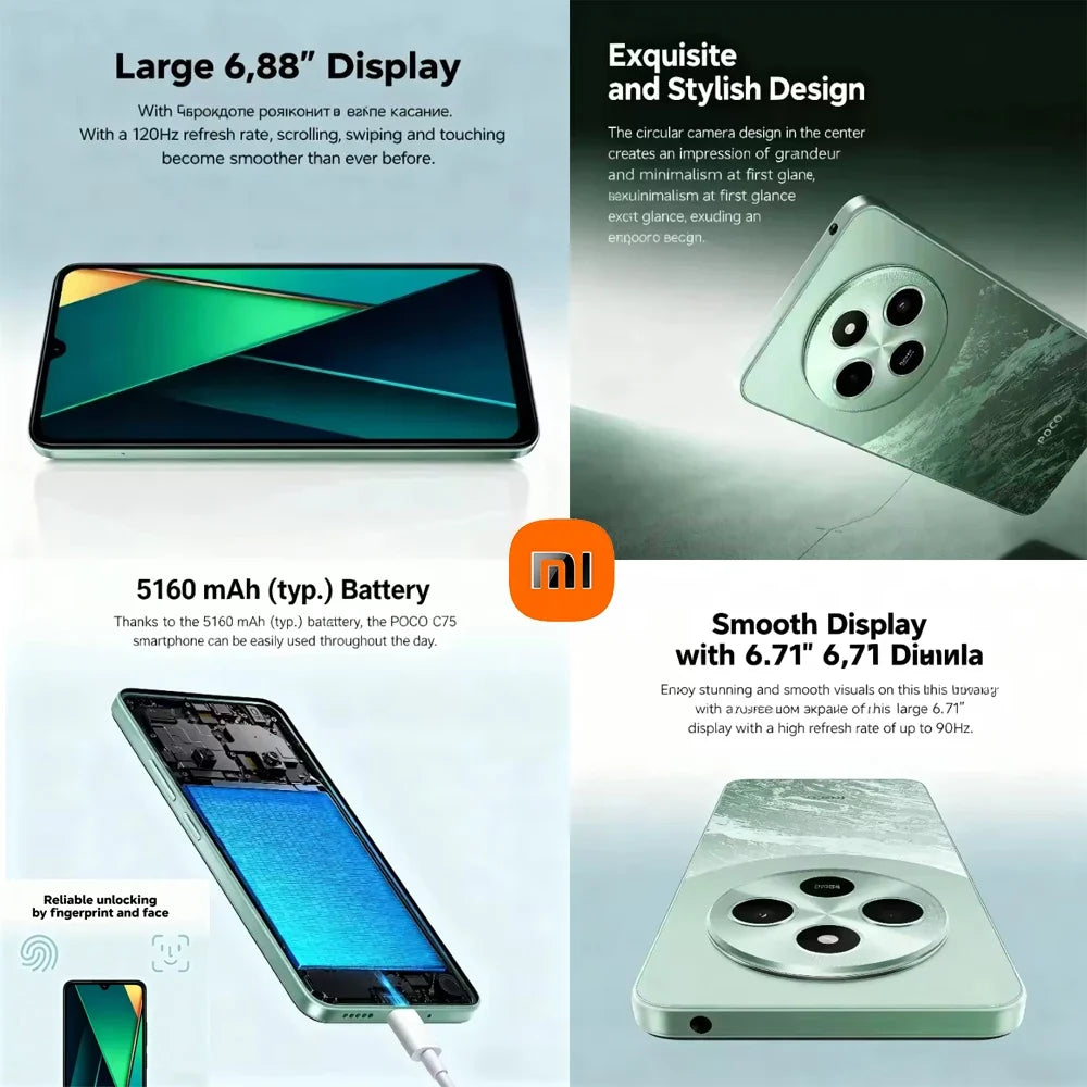 XIAOMI POCO C75 fashion smart phone 8GB+256GB ram and storage/5000mah battery capacity/side fingerprint/facial recognition/GPS