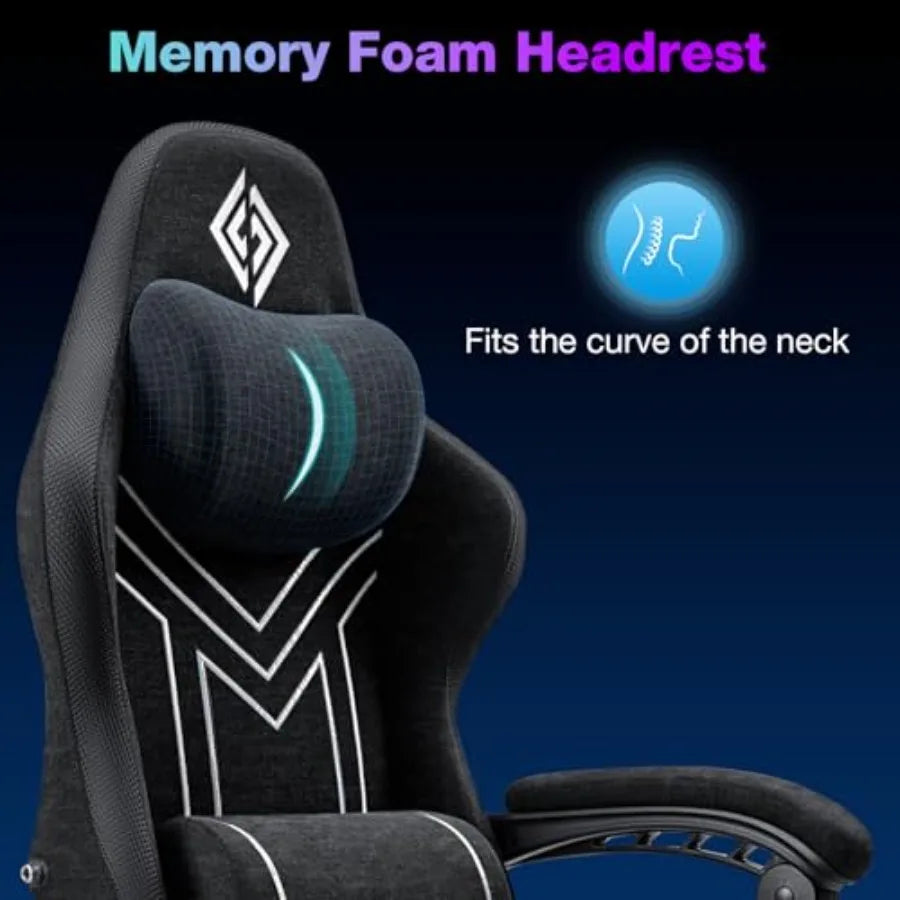 RGB Gaming Chair for Adults: Black Fabric Ergonomic Computer Chair with Music Rhythm LED Lights, Bluetooth Speakers, 155 Reclin