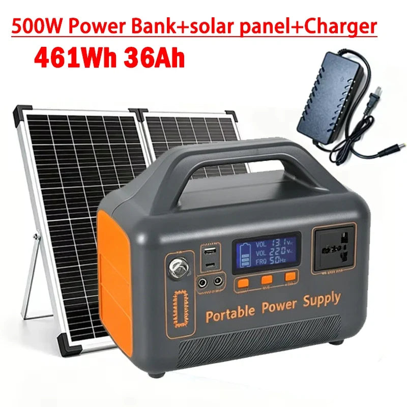 500W 220V Portable Power Station Outdoor Backup Power Supply /Solar Panel 461Wh 36Ah LiFePO4 Battery for Camping RV Emergency