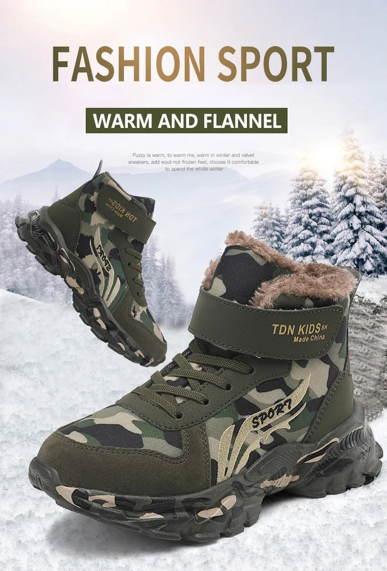 Kids Winter Snow Boots, Plush Camouflage, Warm Anti-Slip