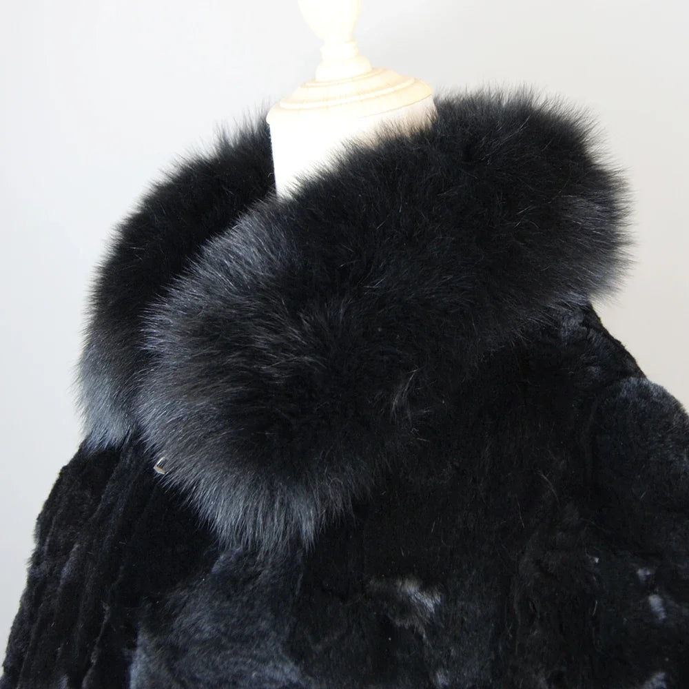 New Luxury Lady 100% Natural Rex Rabbit Fur Coat Women Winter Thick Warm Real Rex Rabbit Fur Jacket With Quality Fox Fur Collar