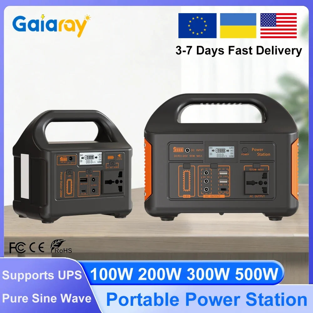 Gaiaray 100W 200W 300W 500W Portable Power Station Pure Sine Wave Solar Generator LiFePo4 Battery Power Plant For Camping Energy