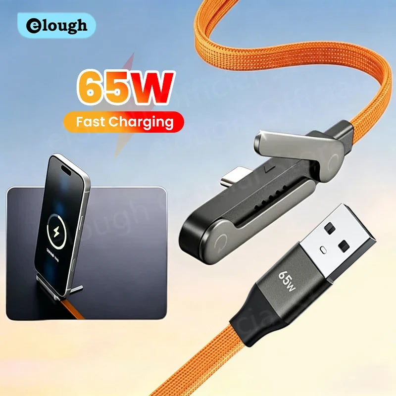 65W USB A To USB Type C Cable Quick Charge Phone Charger Cable Built In Foldable Stand Data Wire 2 in 1 USB C Charging Line