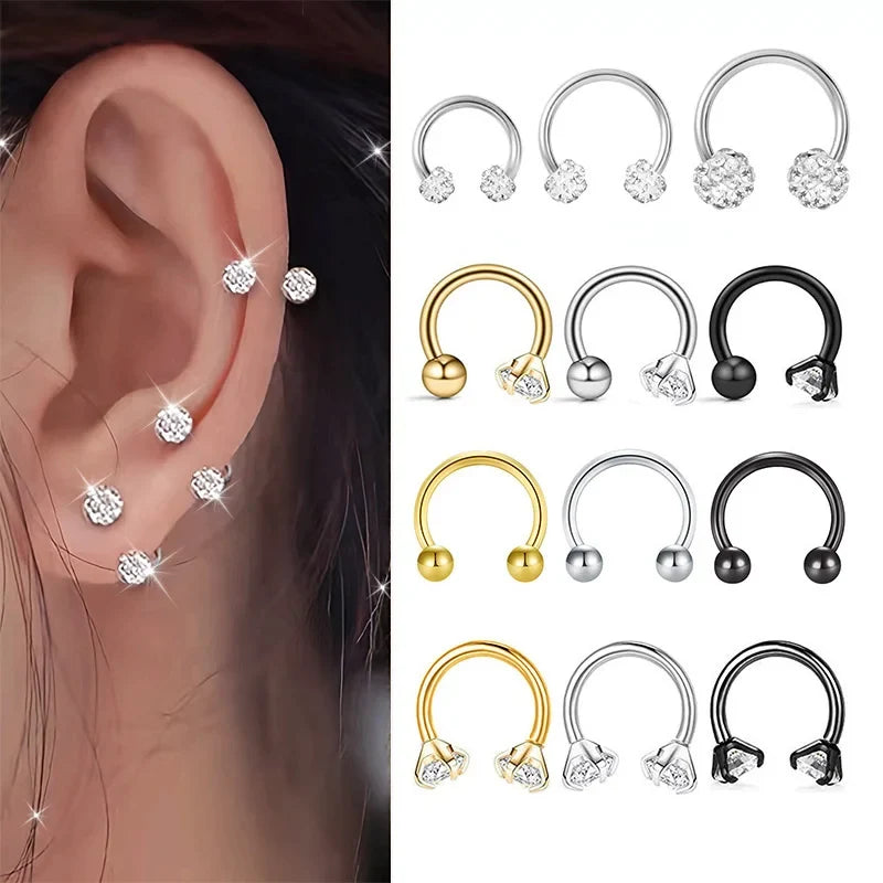 2Pcs Stainless Steel Crystal CZ Tragus Piercing Helix Studs Earrings For Women Girls Hoop Nose Ring Body Piercing Jewelry