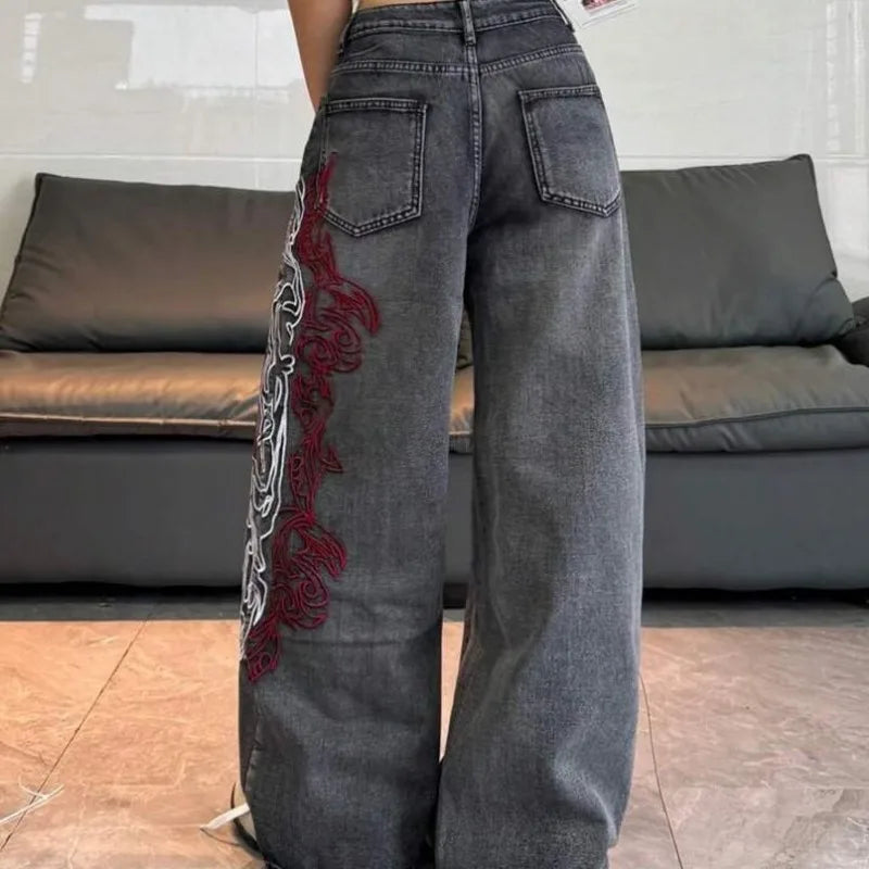 Vintage Dark Grey Fade Women High Waist Wide Leg Jeans Side Red White Abstract Embroidery Denim Summer 2026 Euro Street Pants