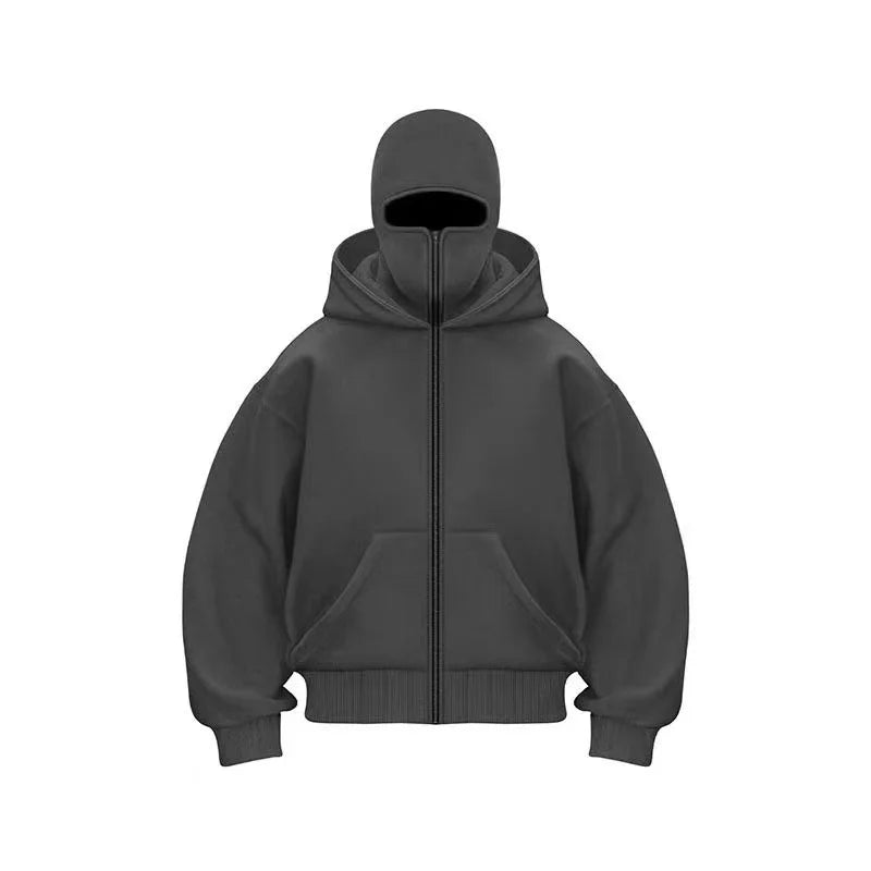 Men's Balaclava Zip Hoodie, Winter Warm Face Mask Hooded Jacket