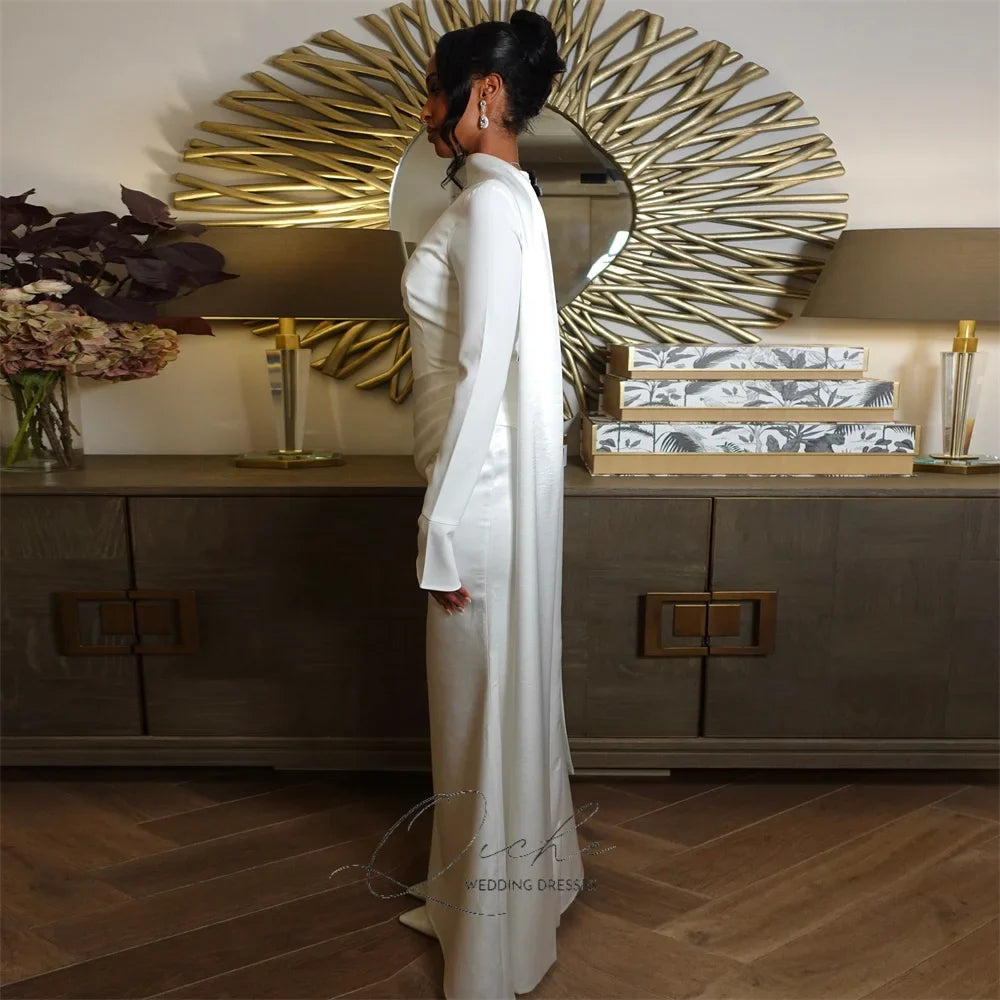 QICHE Modest Pleat Muslim Mermaid Wedding Dresses Women Long Sleeves With Cape High Collar Bridal Gown Robe De Mariée Customized