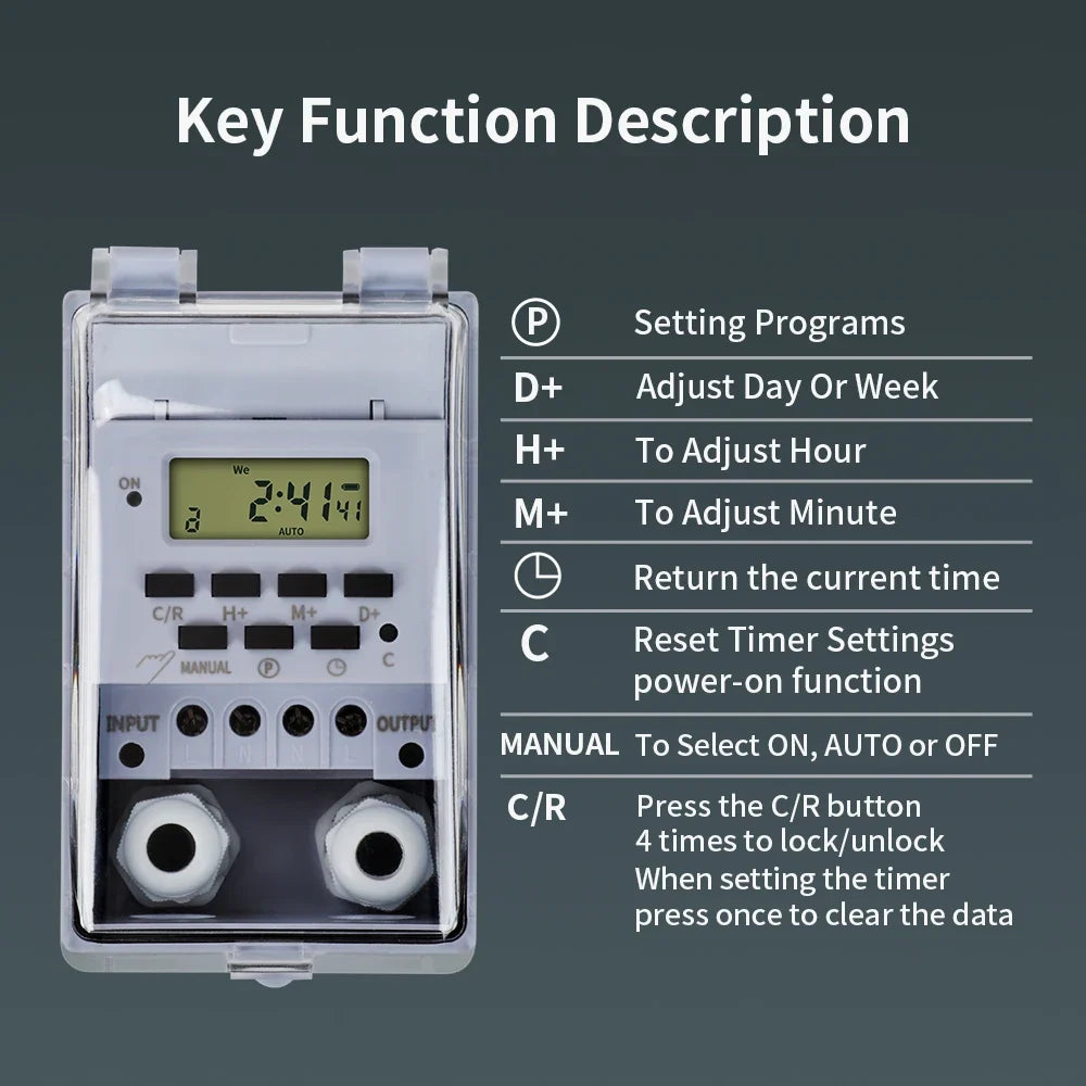 TNCE 30A Timer Switch, Waterproof 220V time controller, set to seconds, 32 groups of timer on and off, for light, water pump