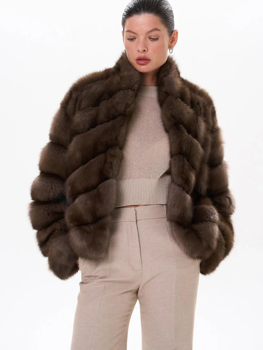Women Winter Faux Fur Coat 2026 Warm Taupe Fluffy Plush Jacket Striped Patchwork Elegant Outerwear