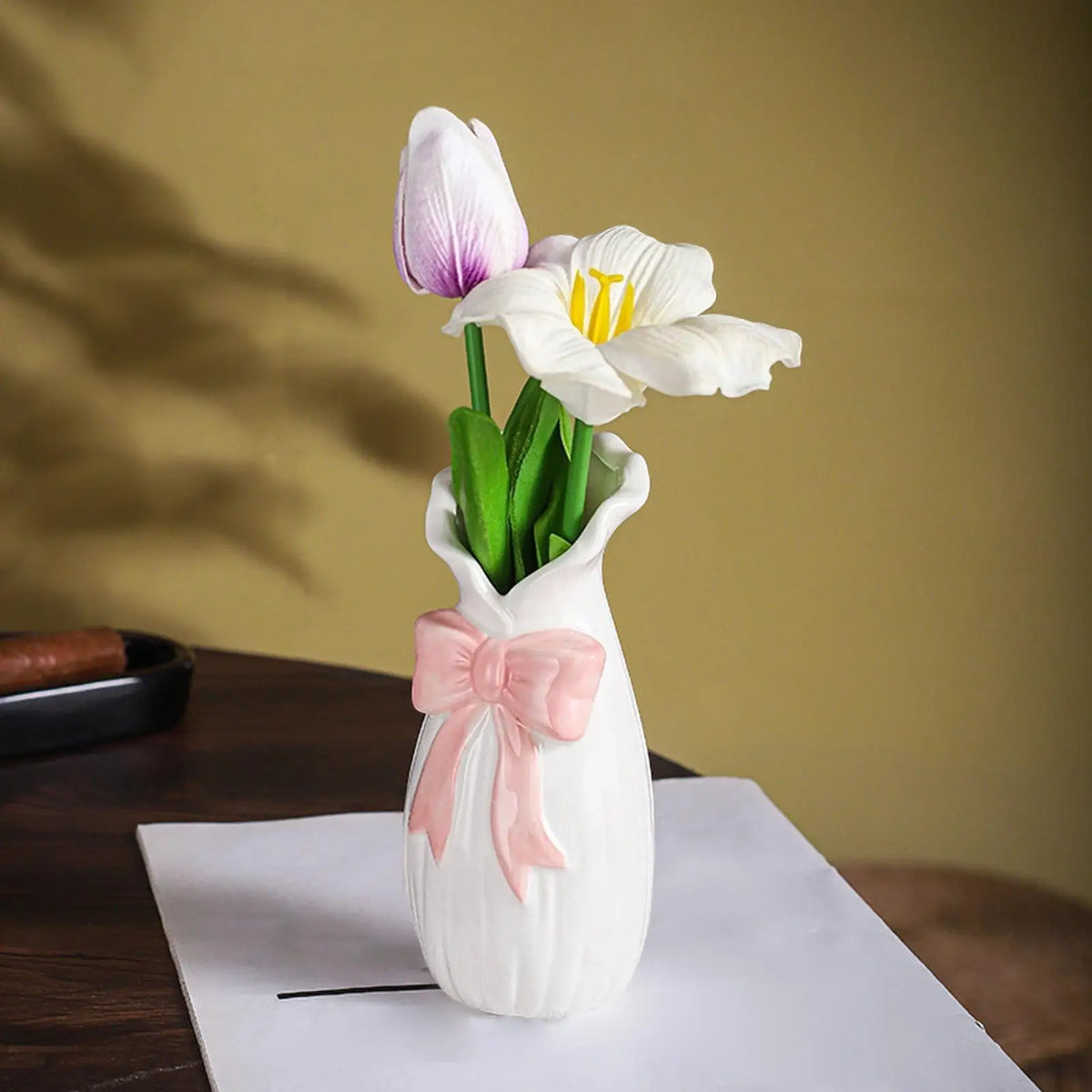 Ceramic Vase Floral Container with Bow Accent Vases Home Decor for Table Shelf Bookshelf Mantel Fireplace Entryway Living Room