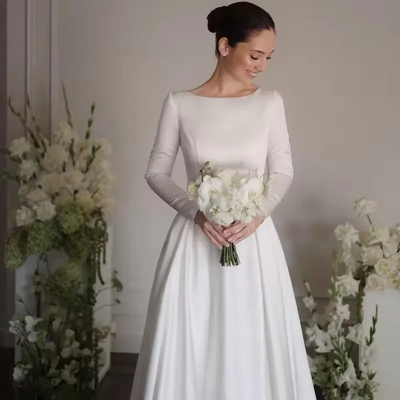 White A-Line Long Wedding Dresses Simple O-Neck Long Sleeve Bride Dress 2025 Boho Beach Wedding Prom Gowns Customized
