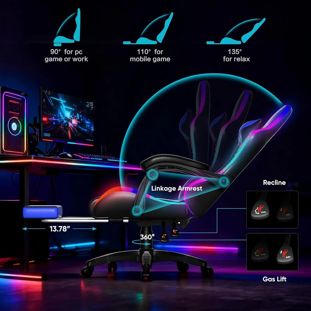 Gaming Chair, Racing Style RGB LED Lights Gaming Chairs for Adults and Kids, Lumbar Massager Gamer Chair, High Back Reclining Co