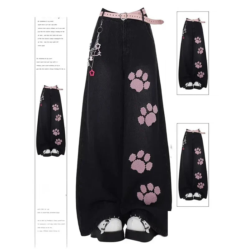 Women Blue Y2k Baggy Embroidery Jeans Aesthetic 2000s Style Boyfriend Jean Pants Vintage Harajuku Oversize Denim Trousers Summer