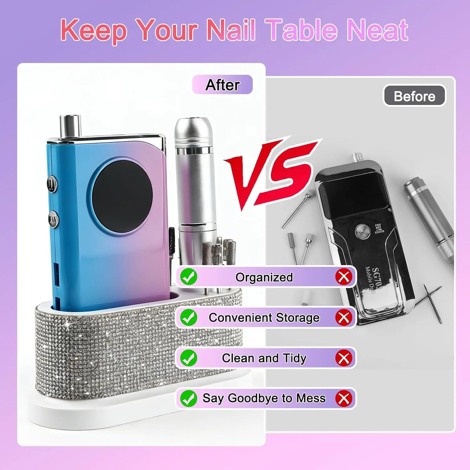 Nail Drill Machine Holder with White Rhinestones, 8 Holes Nail Drill Bit Holder, Nail Efile Stand and Organizer Storage Box Case