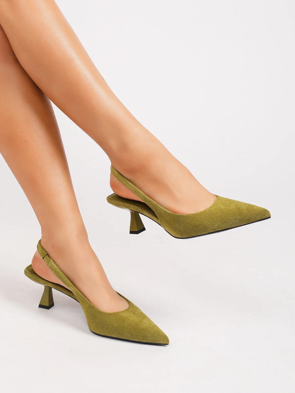 WOMEN OLIVE GREEN FAUX SUEDE SLINGBACK KITTEN HEELS POINTED TOE LOW HEEL PUMPS ELEGANT DRESS PARTY OFFICE SHOES