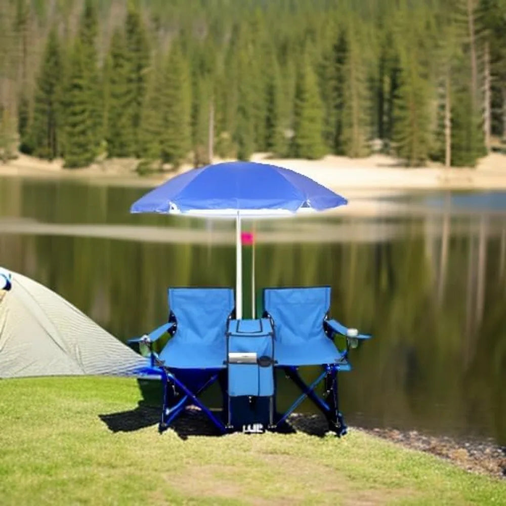 Folding Double Camping Chair with Umbrella and Cooler for Outdoor Use - Portable, Large Capacity, Ideal for Beach, Park, Pool