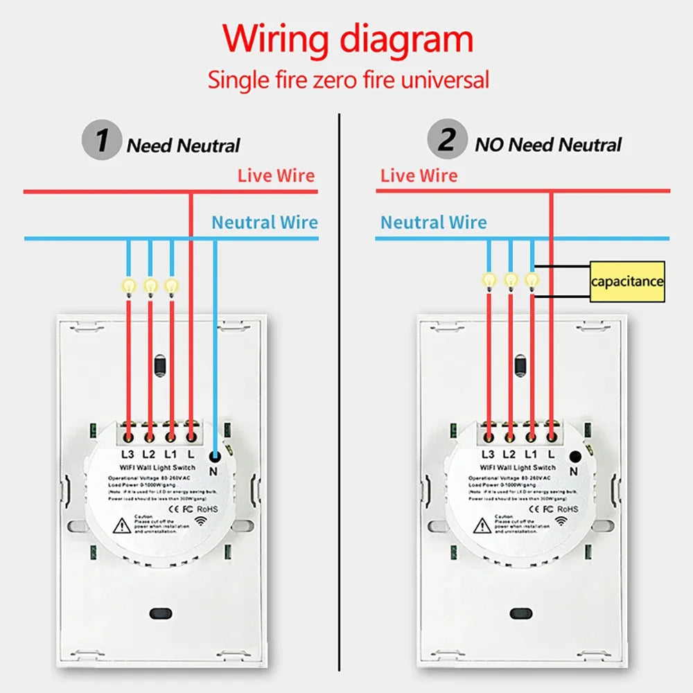 TNCE Tuya US Switch WIFI or Zigbee need/No Neutral Wire Require 1/2/3/4 Gang Smart Touch controller Voice With Alexa Google Home