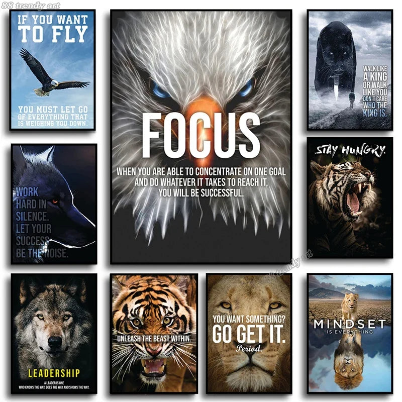 Animals Motivational Posters Eagle Wolf Lion Tiger Motivation Art Canvas Paitning Success Mindset Inspirational Wall Art Decor
