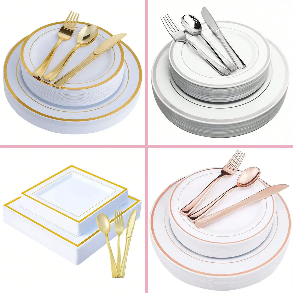 New Multi piece Set - Gold Platter Set, Plastic Tableware, Gold Edge Plate, Knife, Fork, Spoon, Party Wedding Set, Dessert Plate