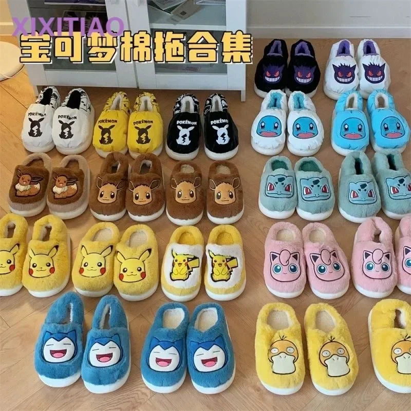 Popular anime Pokemon Pikachu Eevee Couple Cotton Slippers Winter Cute Cartoon Men Women Shoes with Velvet Insulation Anti slip