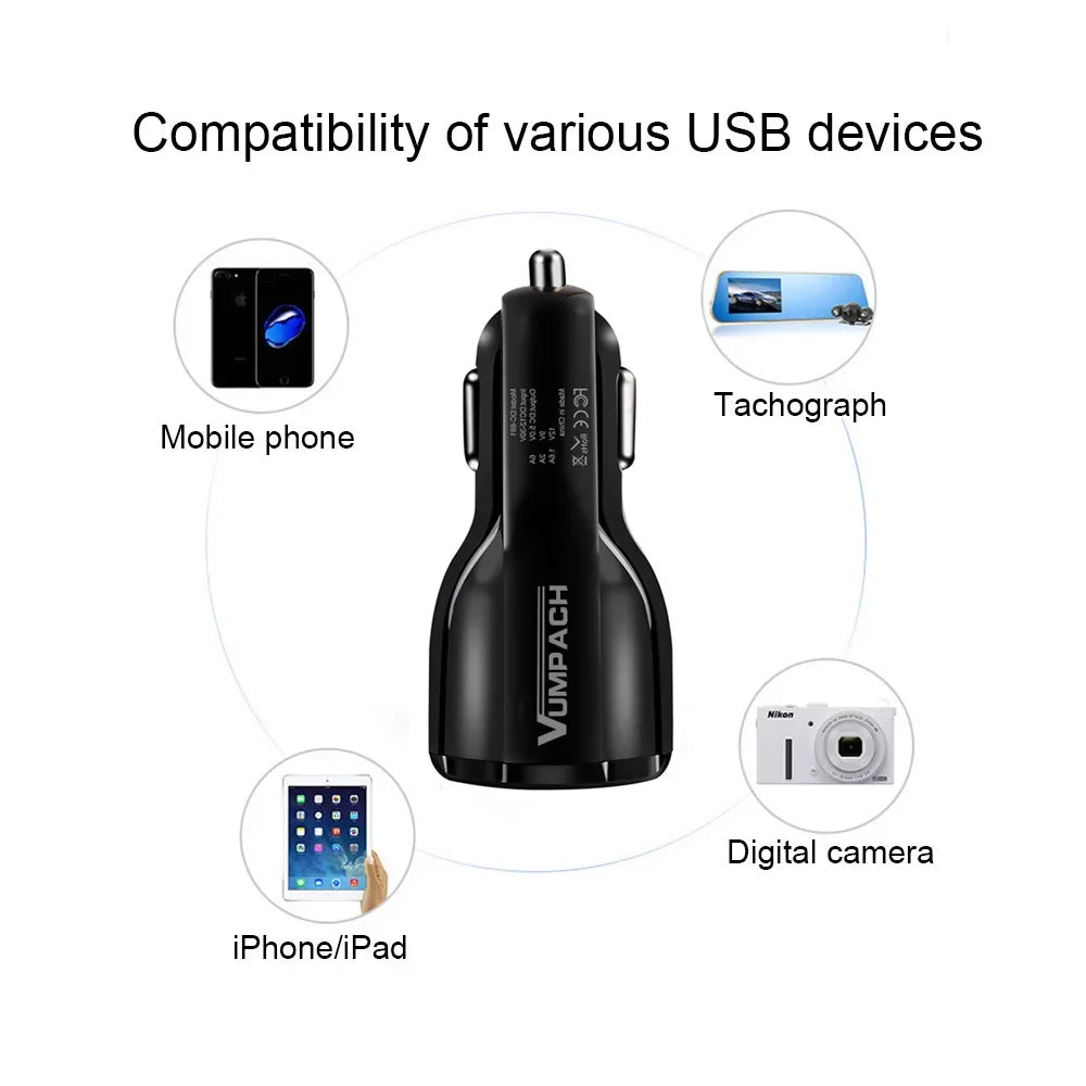 Vumpach Car Quick Charge QC 3.0 Mobile Phone Charger 2 Port USB Fast Car Charger for Samsung Xiaomi Ipad Sony Tablet Car Charger