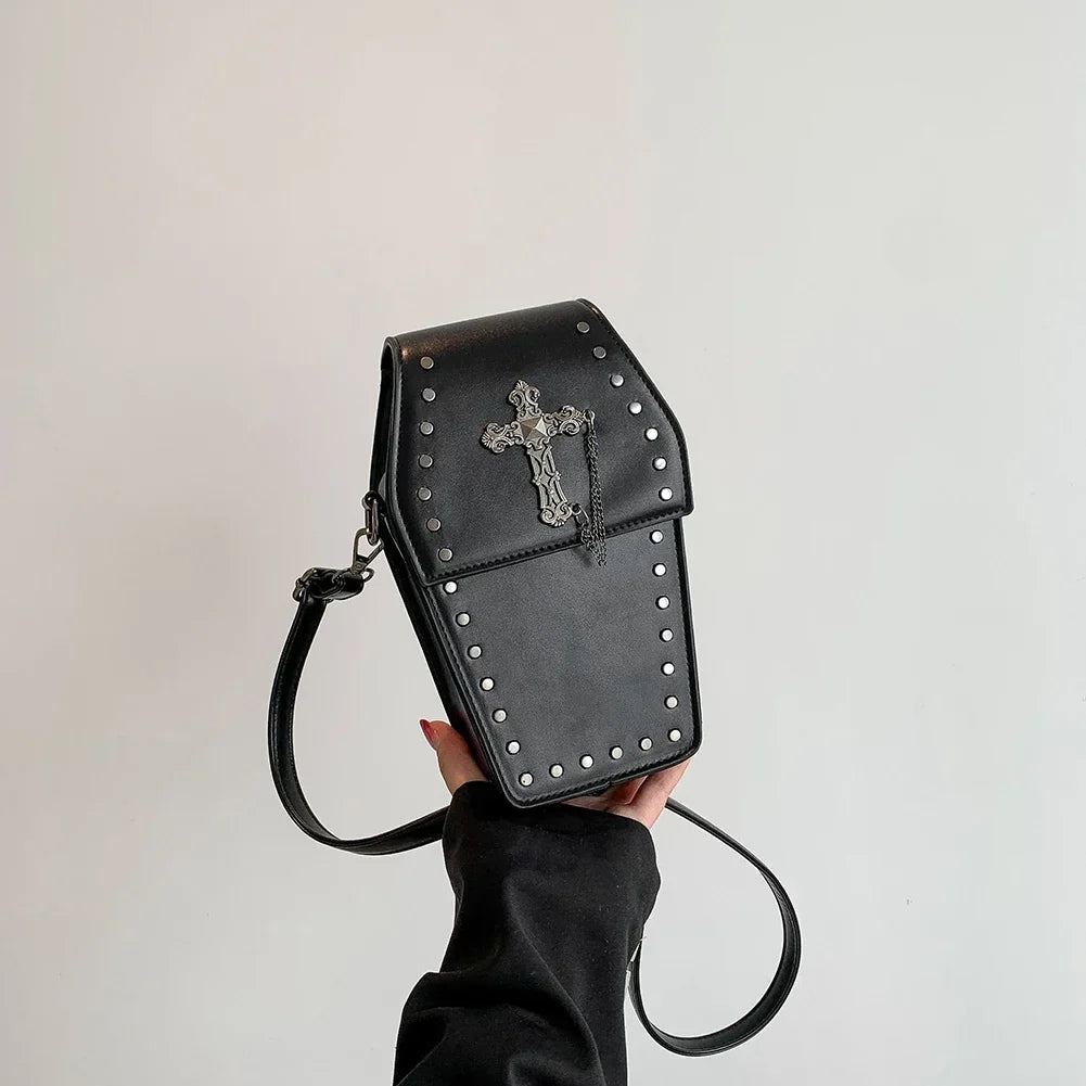 Y2K Crossbody Bag for Women Coffin Shoulder Bag Phone Purse Cool Gothic Cellphone Bag PU Leather New Novelty Halloween Phone Bag