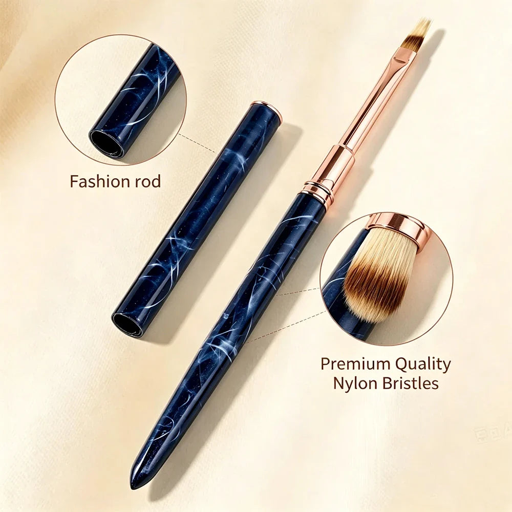 Portable Ombre Nail Art Brush with Dust Cap, Soft Nylon Bristles, Blue Marble Handle, Precision Blending Pen for Gradient Nail C