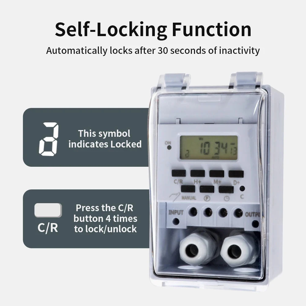 TNCE 30A Timer Switch, Waterproof 220V time controller, set to seconds, 32 groups of timer on and off, for light, water pump