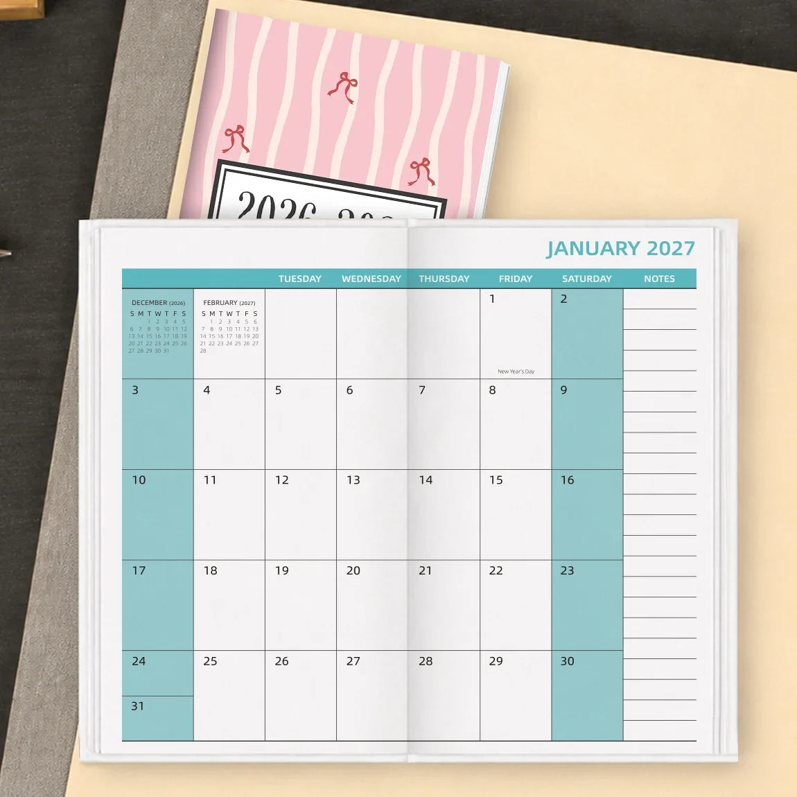 1PC A6 2026-2027 Monthly Planner Notebook, July 2026-June 2027, Pink Bow Soft Cover, Monthly View with Notes