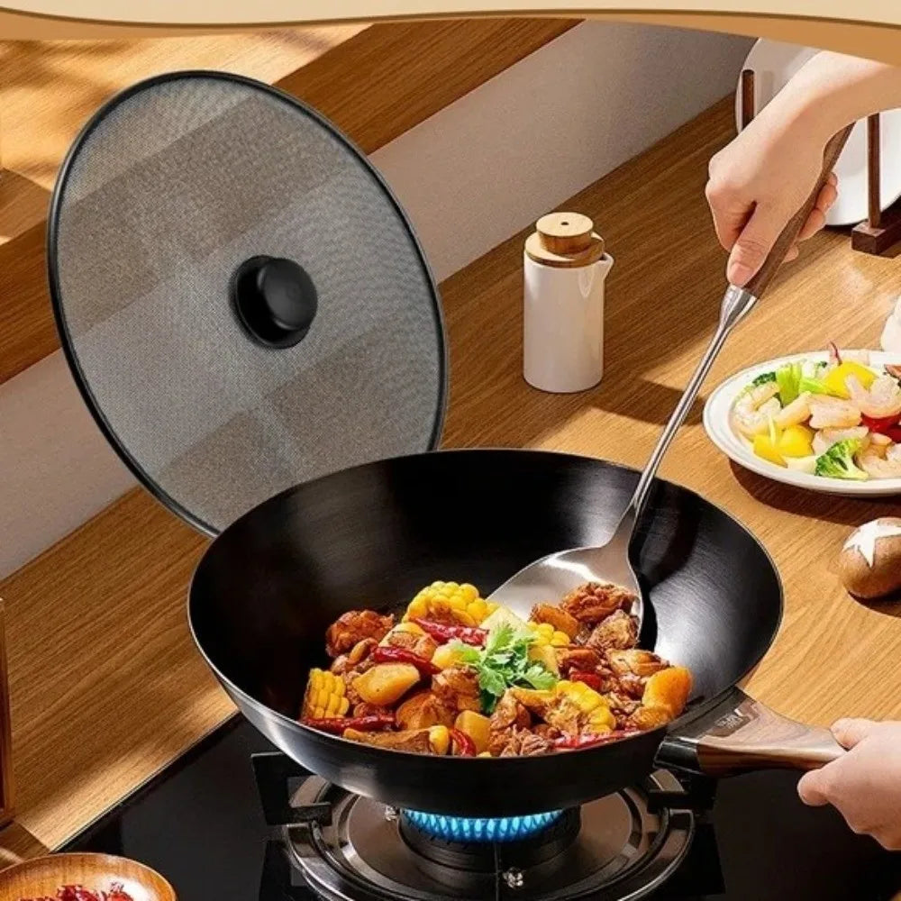 Anti-Splash Splatter Screen Fine Mesh Stainless Steel Anti Grease Lid With Handle Oil Splash Guard Frying Pan Use