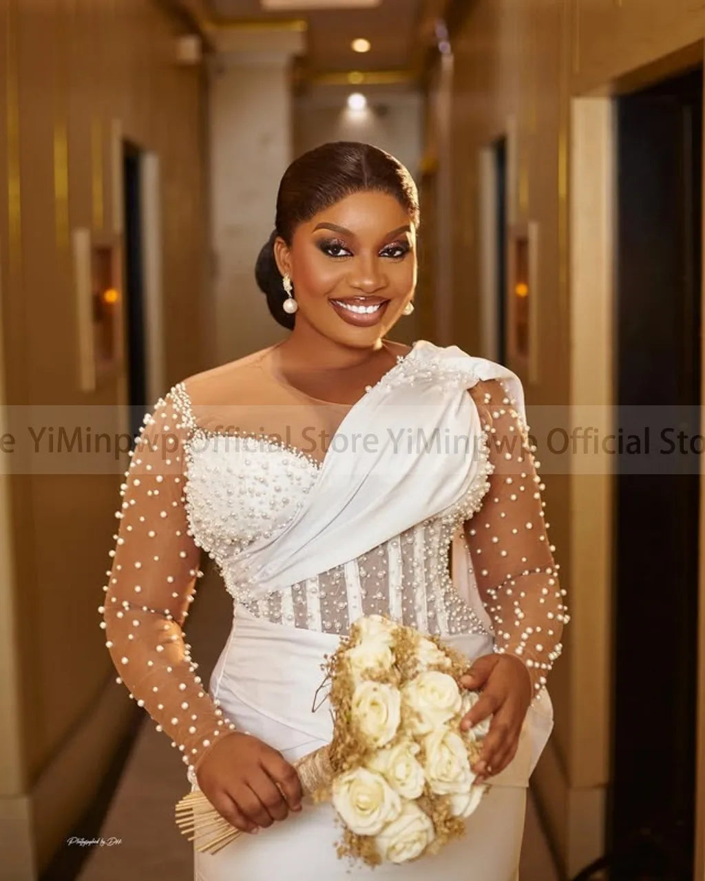 Ivory Civil Wedding Dresses for Bride Sheer Neck Long Sleeve Corset Pearls Aso Ebi Nigeria Courthouse Bridal Gowns Customized