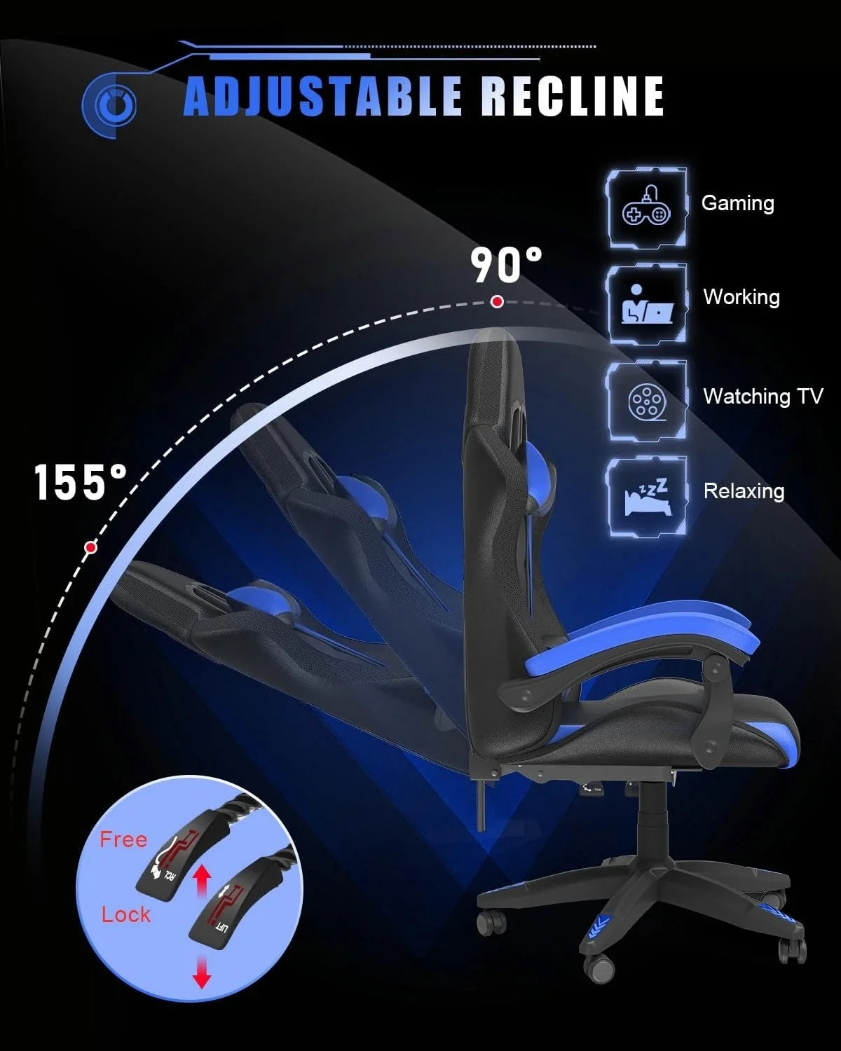 Gaming Chair with RGB LED Lights for Kids & Adults, High Back Ergonomic with Headrest and Lumbar (Black/Blue)