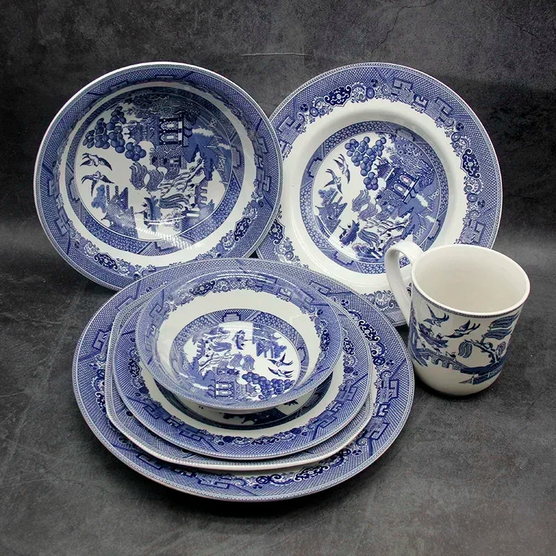 The Blue Willow Set Dinner Elegant England Ware Style Ceramic Breakfast Beef Plate Dishes Dessert Soup Dish Bowl