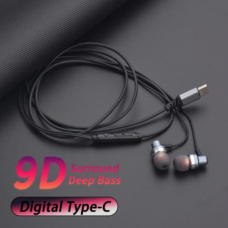 9D HIFI Heavy Bass Gaming Headphones Type-C Digital Chip Metal Magnetic Music Earbuds with Microphone In-Ear Headphone Universal