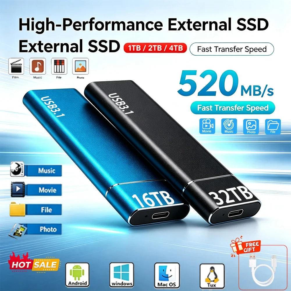 External SSD 1TB 4TB 16TB 128TB Ultra Fast Transfer  Portable Hard Disk for PC Mac Laptop Data Backup Type-C