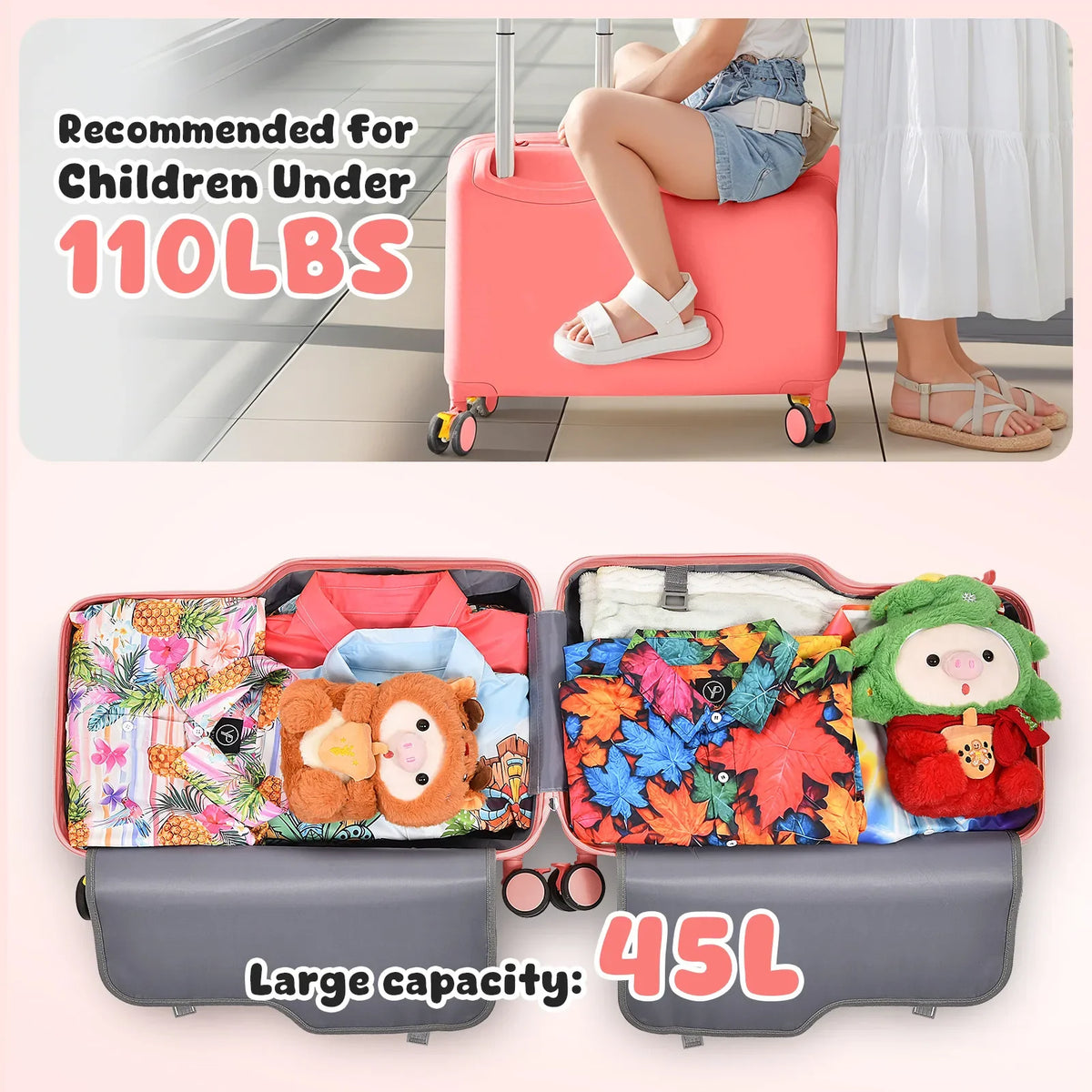 Suitcase for Kids 20 Inch Kids Ride on Suitcase, Childrens Ride on Luggage with Foot Pedal and Wheels – Travel Carrier Cabin Case with Safety Harness Stroller for Toddler Girls Boys
