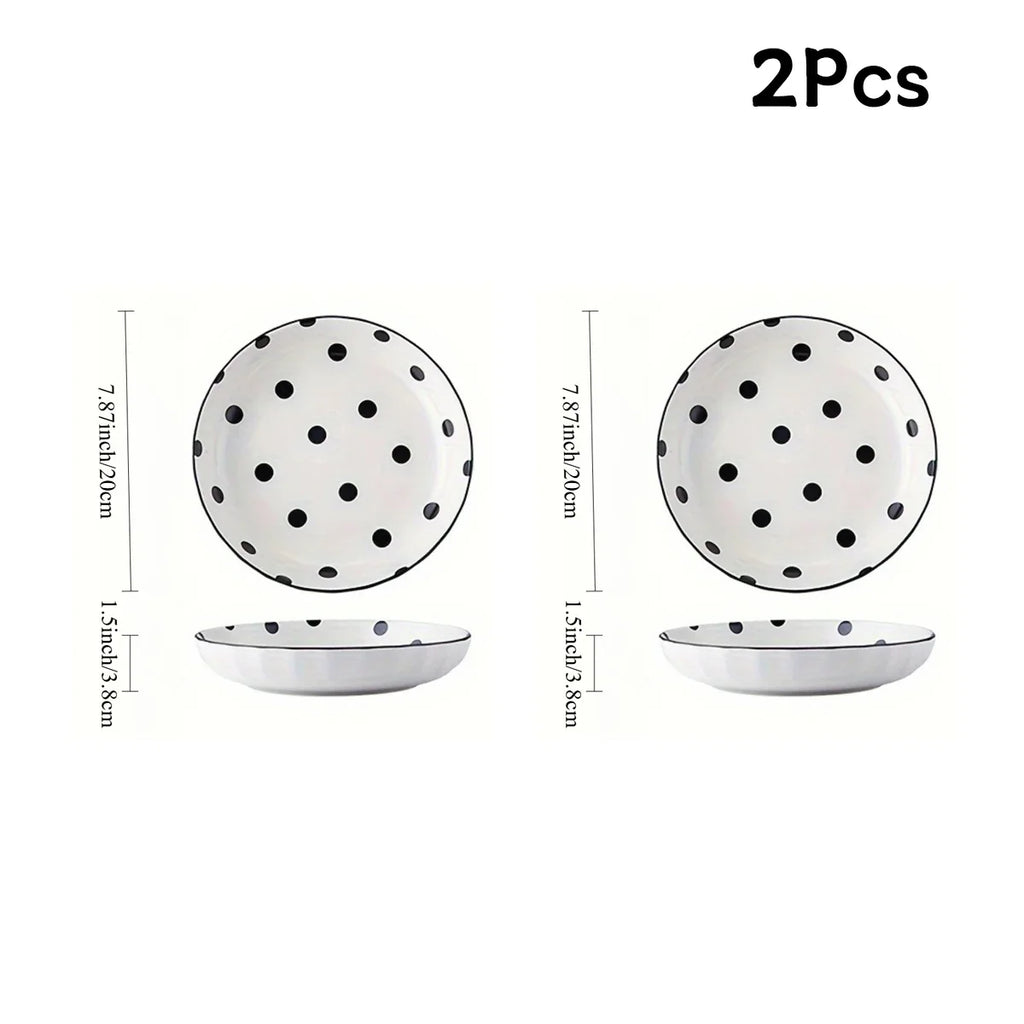 4Pcs Black Polka Dot Ceramic Plates Set,  Microwave Dishwasher Safe for Salad, Pasta, Dessert, Home Kitchen Tableware