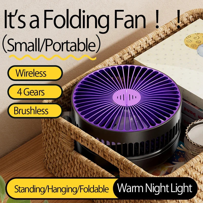 2024 New 5000mAh Rechargeable 3IN1 Multifunctional Portable Fan Wall Mounted Fan 90° Folding Fan 4 Gears With Warm Night Light