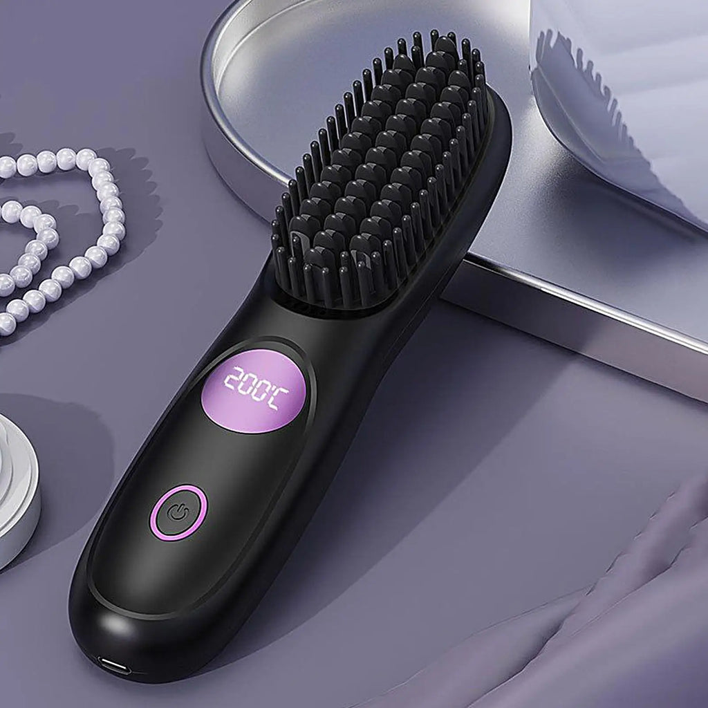 Hair Straightener Brush 3 Level Cordless USB Charging Straightener Portable Mini Straightening Brush for Home Travel