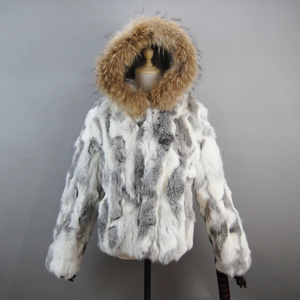 New Russian Women Real Rabbit Fur Coats Winter Warm 100% Natural Rabbit Fur Jacket Lady Warm With Raccoon Fur Hooded Outerwear