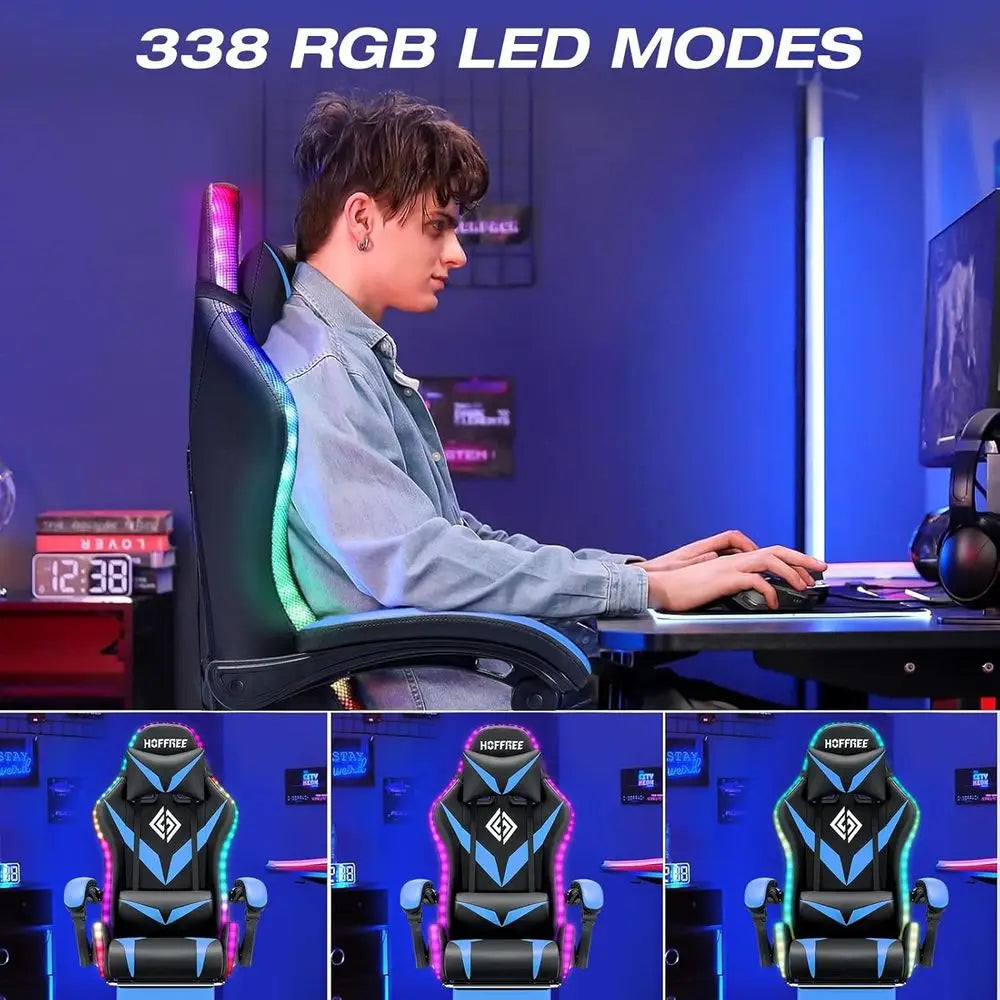RGB Gaming Chair with Massage and LED Lights Ergonomic High Back Racing Style Reclining Computer Chair with ootrest Lumbar Suppo