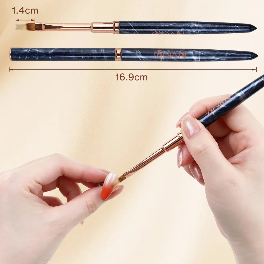 Portable Ombre Nail Art Brush with Dust Cap, Soft Nylon Bristles, Blue Marble Handle, Precision Blending Pen for Gradient Nail C