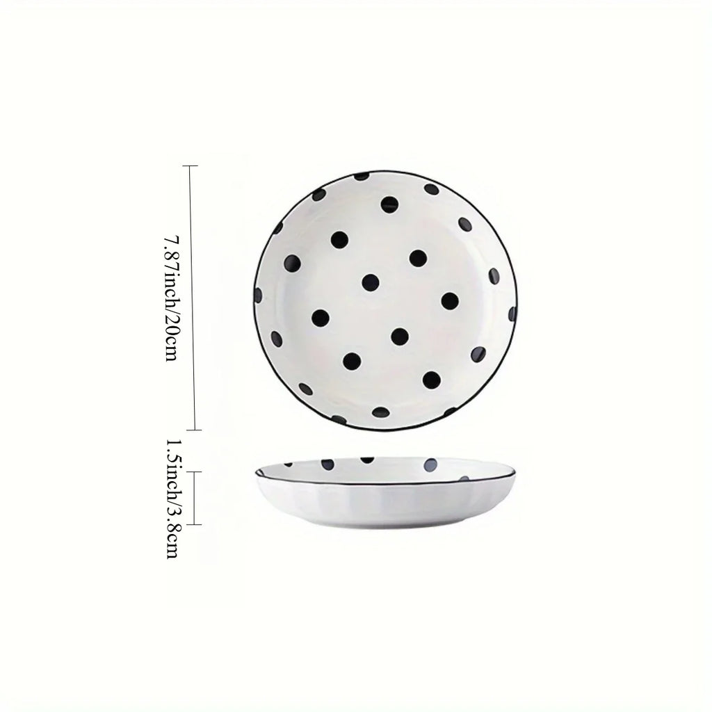 4Pcs Black Polka Dot Ceramic Plates Set,  Microwave Dishwasher Safe for Salad, Pasta, Dessert, Home Kitchen Tableware