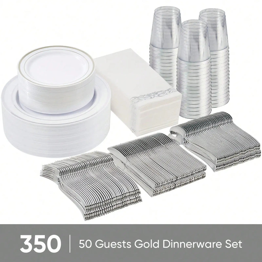Disposable Dinnerware Set Elegant Luxury White Gold Rim Plastic Plates Gold Cutlery Cups Napkins 350 Pcs Serves 50 Guests Heavy Duty Party Tableware Set For Wedding Birthday Party Catering Showe