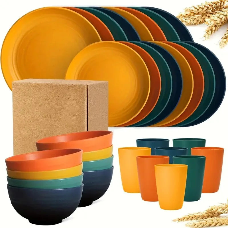 32 Pcs Kitchen Wheat Straw Dinnerware Set, Service For 8, Plastic Reuasble Dinner Dishes Serving Plate Set For Kitchen, Including Dinner Plate, Dessert Plates, Bowl, Cup