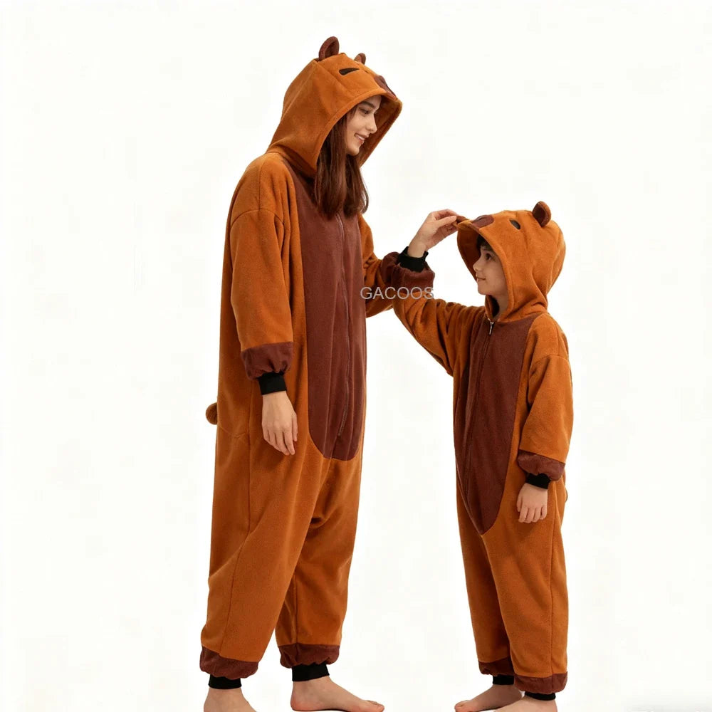 Kids Capybara Onesies Adults Sleepwear Women Men Flannel Cartoon Animal Pajamas Chidlren Christmas Family Performance Jumpsuit